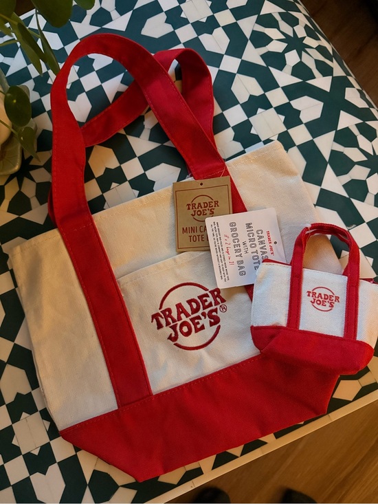 Trader Joe'S Handbags - Trader Joe's Red & Cream Canvas Tote Bag with Mini Tote